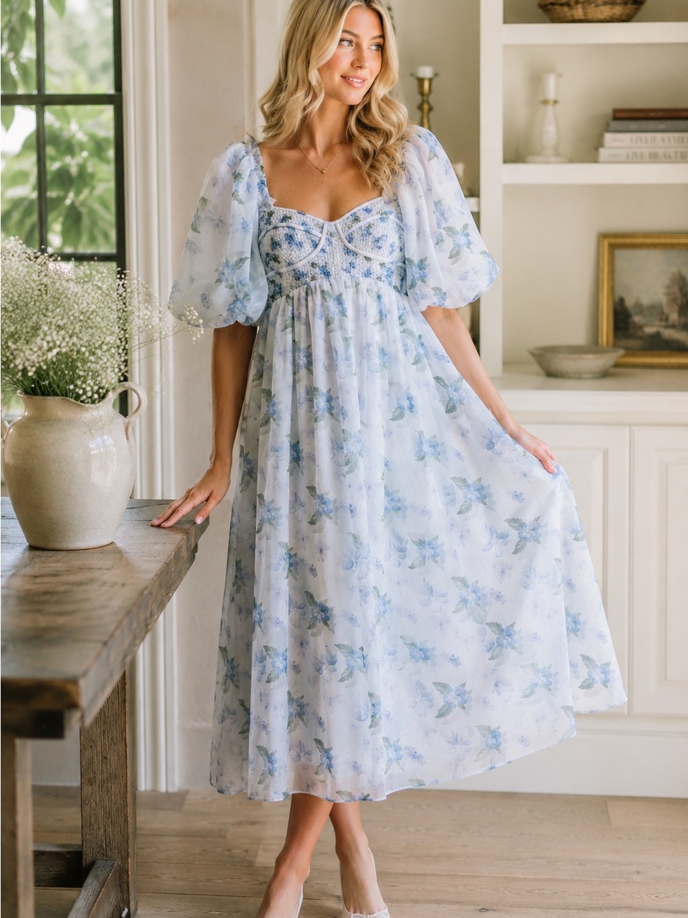 One Loved Babe Lost In A Dream Dress Blue Floral Smocked Cottagecore Midi S